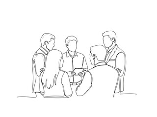 A line drawing of four people sitting in a circle and talking to each other
