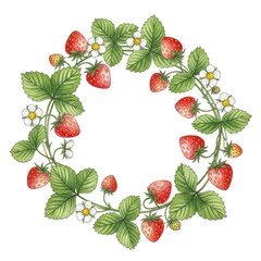 Strawberry Wreath: A vibrant wreath of fresh strawberries and lush green leaves and delicate white flowers, evoking a sense of natural beauty and culinary delight.