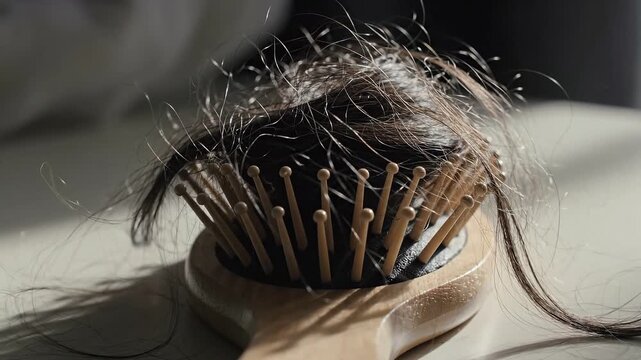 Macro shot of excessive hair loss tangled in a wooden hairbrush bristles, symbolizing the distress and concern over thinning hair, alopecia, or side effects of medical treatment.
