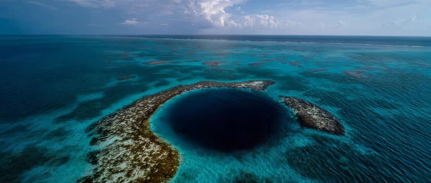 An aerial perspective of a beautiful blue hole in the ocean.