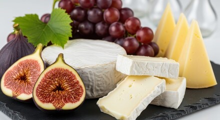 Cheese and Fruit Delight: A delectable arrangement of various cheeses, plump grapes, and juicy figs on a serving board. It's a culinary treat!