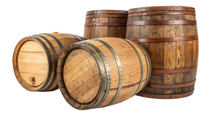 Set of wooden oak barrels cut out on PNG. AI GENERATED.