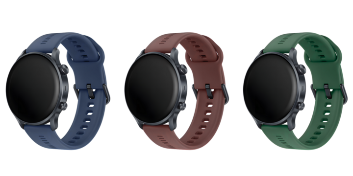 Three Smartwatches with Blue, Brown, and Green Bands Isolated on a Transparent Background for Tech Display - Powered by Adobe