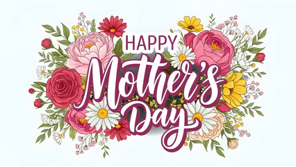 Happy mothers day floral lettering with vibrant roses and a beautiful spring bouquet