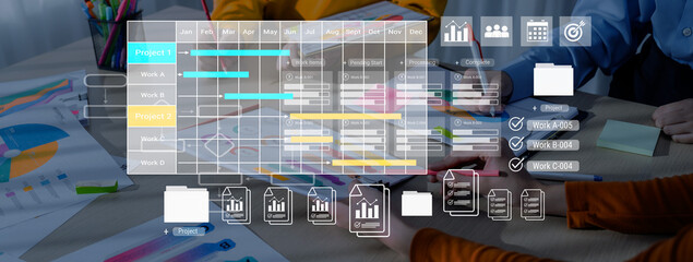 Digital visualization of multiple project timelines with progress tracking, documents, and team collaboration symbols Parse