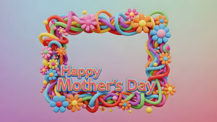 Colorful abstract frame made of twisted ribbons and floral shapes on a pastel background