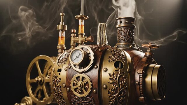 Steampunk Engine: Detailed view of a vintage steampunk engine, its intricate gears and brass components, emanating wisps of steam.