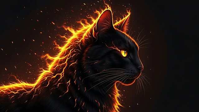 A majestic feline (resembling a Maine Coon or forest cat) with fur made of living fire.