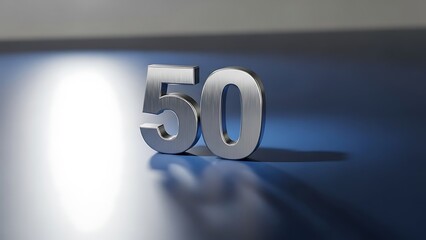 Polished metal numerals '50' casting a sharp shadow on a glossy blue surface