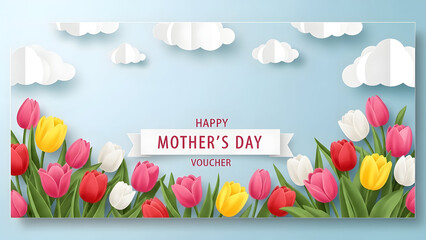 Happy mother's day greeting card with colorful tulips and clouds