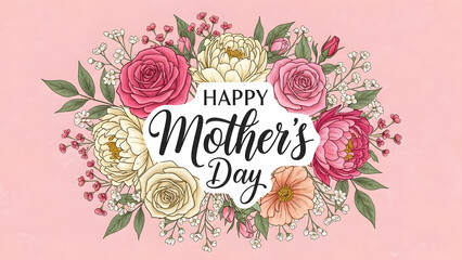 Watercolor floral wreath with happy mothers day calligraphy for greeting cards