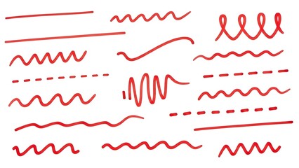 Red sketch lines, squiggles and dashes on white background. Artistic, doodle elements