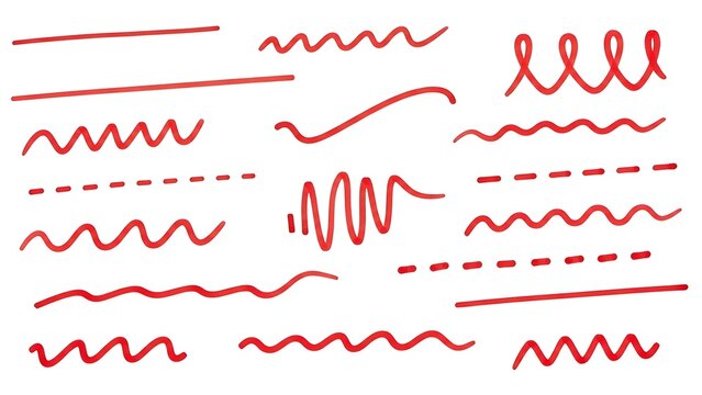 Red sketch lines, squiggles and dashes on white background. Artistic, doodle elements