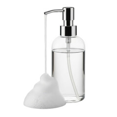 Clear soap dispenser with foam, isolated on transparent background