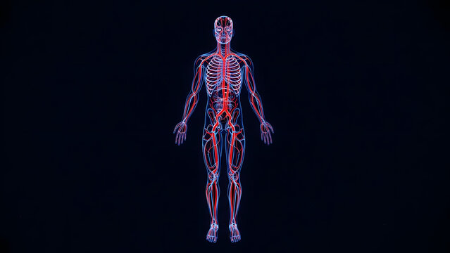 Full body human anatomy circulatory system red arteries and blue veins outline over black background detailed view