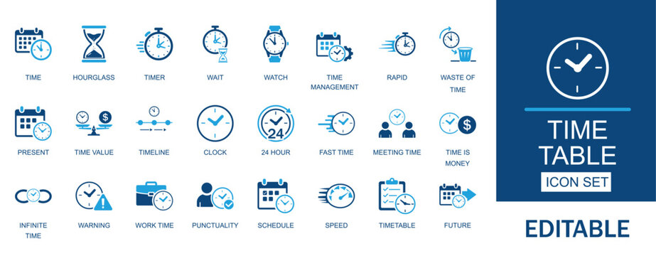 Time Table solid Vector icon Set. Features icons of future, hours, management, meeting, signs, timeline, graphic, measurement, work, check collection.