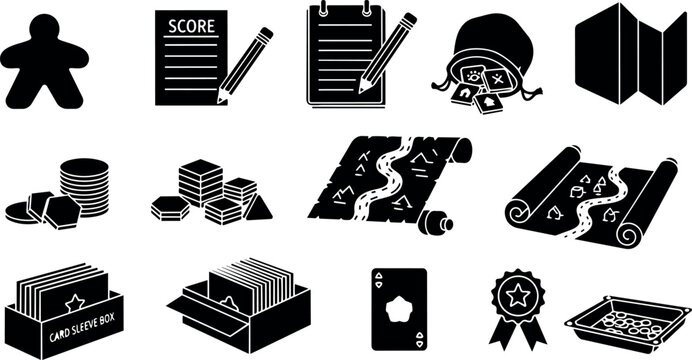 Black flat design icons of board game elements dice map cards score sheet tokens and ribbons set isolated vector art