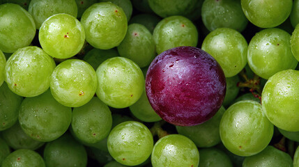 Fresh green grapes with a single purple grape