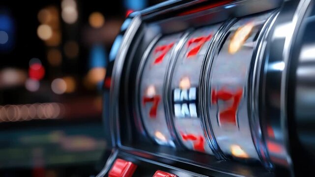 Vintage slot machine reels stop on triple sevens, classic jackpot win signaling big payout and gambling luck in a vibrant, blurred casino setting with bokeh lights