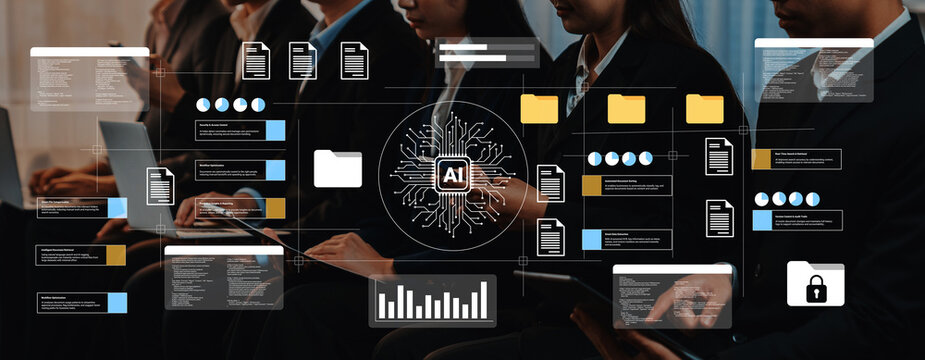 A group of business professionals engaged in data analysis using artificial intelligence tools in a modern office setting, highlighting teamwork and innovation. Gantry - Powered by Adobe