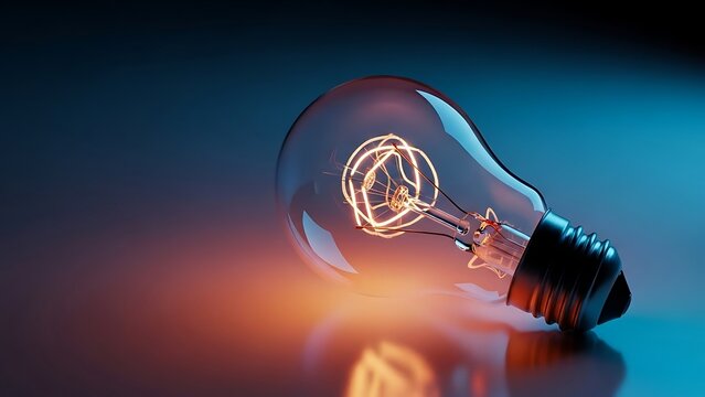Glowing Light Bulb with Orange Filament on Dark Blue Background electricity