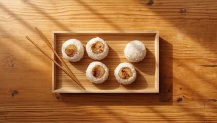 A wooden tray of five rice balls with fillings and chopsticks on a wooden table with sunlight casting shadows