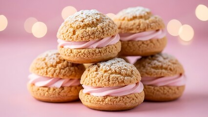 Stacked choux pastry with pink filling, dusted with powdered sugar, set against bokeh lights