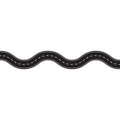 Winding road with curved highway path. Asphalt street design for navigation maps, journey routes and transportation graphics. Vector illustration isolated.