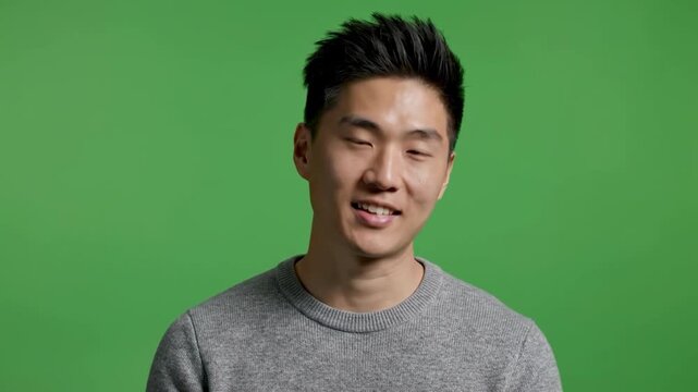 Young Asian Man Speaking Green Screen.