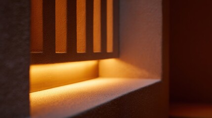 Close-up of a window with a wooden grille. the grille is made up of vertical bars that are arranged in a grid-like pattern.