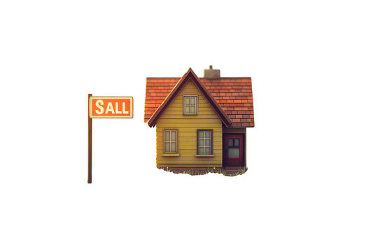 Charming cartoon house with a 'sall' sign, perfect for real estate concepts isolated on transparent background