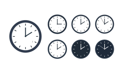 A collection of analog clocks displaying various times set against a plain white background