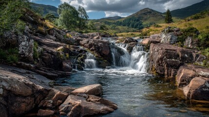 Scenic waterfall cascading over rocks with lush green mountains background