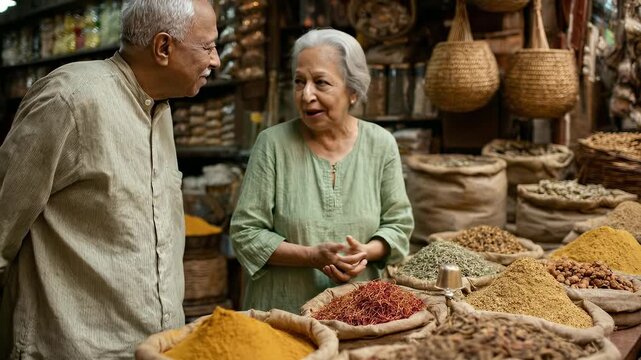 Elderly African couple explore vibrant spice market. They carefully examine colorful seasonings. Traditional shopping experience. Exotic flavors await. Authentic cultural immersion.