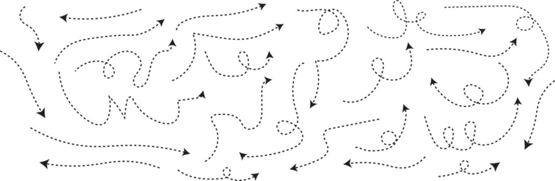 Hand drawn curved pointer symbols. Minimalist sketchy vector navigation signs Unique dashed line pointer icons. Creative hand-drawn directional symbols. Decorative swirl line navigation icons collecti