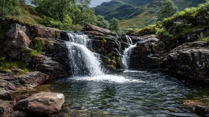 Scenic waterfall cascading over rocks into a tranquil pool in a natural setting