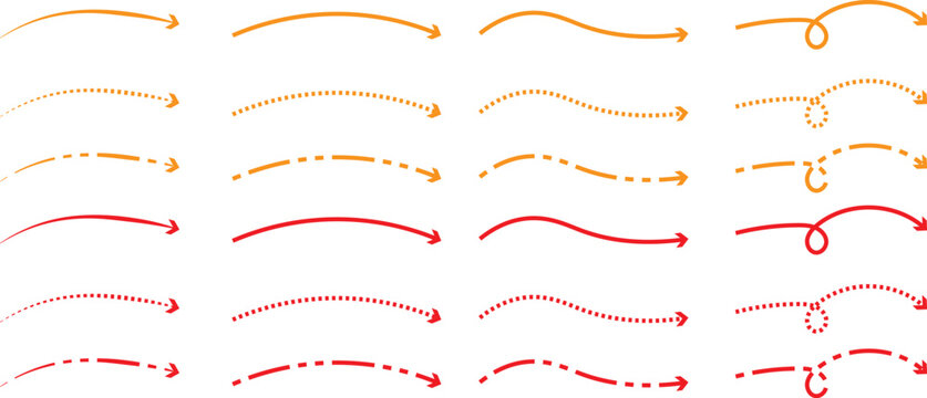 Hand drawn curve dotted line arrow set. Sketchy directional pointer symbols. Creative dashed line vector arrows. Artistic swirl and curve arrow collection.Minimalist hand-made pointing elements
