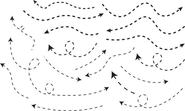 Hand drawn curve dotted line arrow set. Sketchy directional pointer symbols. Creative dashed line vector arrows. Artistic swirl and curve arrow collection.Minimalist hand-made pointing elements
