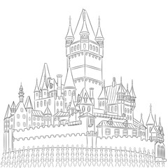 Fototapeta premium Linear illustration of fortress in Cochem isolated on white background, Germany.