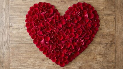 Bright red heart composed of many fresh and delicate rose petals.