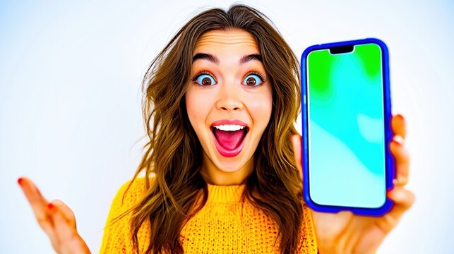 Colorful mockup with woman holding smartphone in bright oversaturated 90s style against vivid background for playful mobile app or social media template