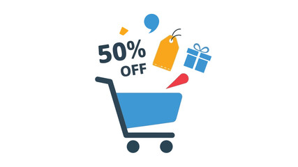 shopping cart with discount offer and colorful promotional icons floating