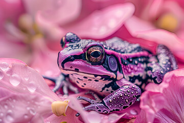 Striking macro portrait of a unique frog among pink petals