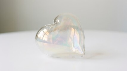 Transparent glass heart with iridescent reflections sitting on a clean white surface.