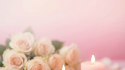 Blurred delicate pink roses at the bottom of a soft pink gradient background for text.