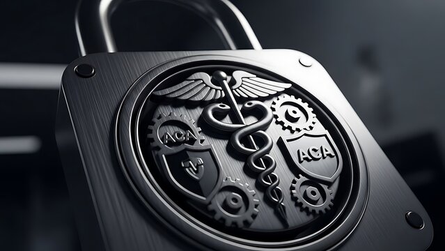 Aca plans protection secure health insurance lock with medical symbols and gears