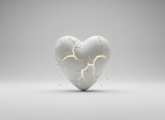 Cracked white stone heart isolated on a neutral grey background.
