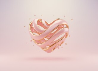 Abstract three-dimensional heart formed by swirling pink ribbons.