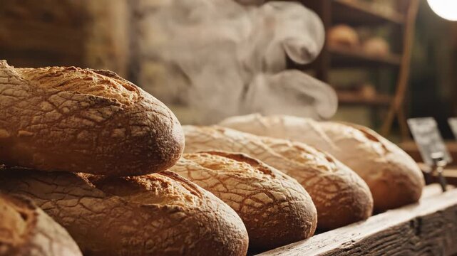 Warm Bread Display: Freshly baked loaves of bread are artfully arranged, creating a tempting display that evokes the aroma of a warm bakery.  