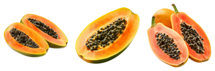 Fresh and healthy papayas on display, showing the juicy and ripe flesh. A vibrant still life.